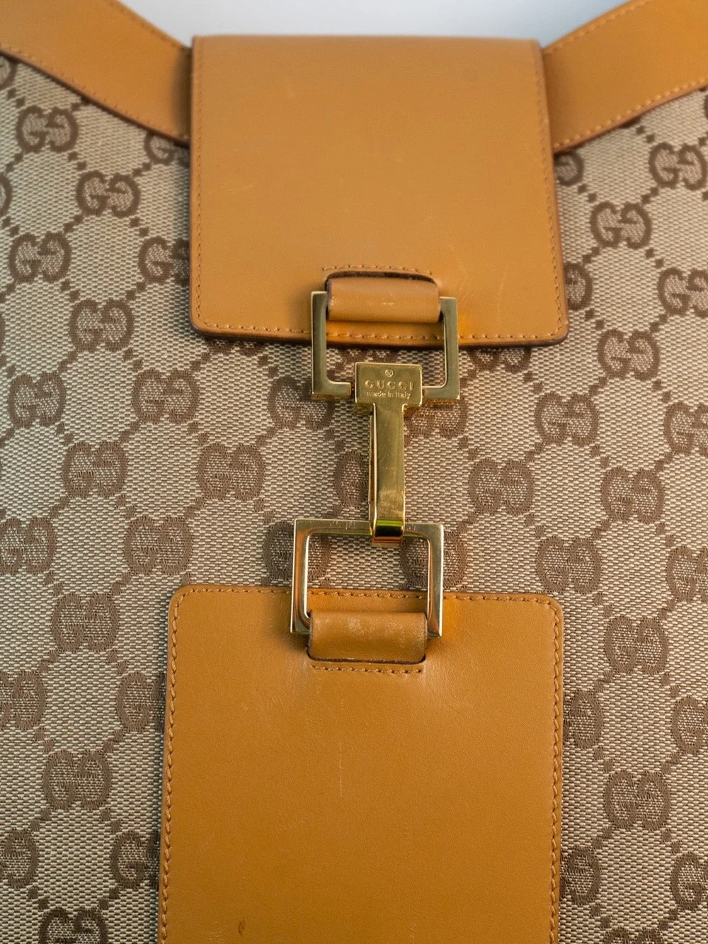 GG Monogram Canvas Leather Shoulder Bag in Tan